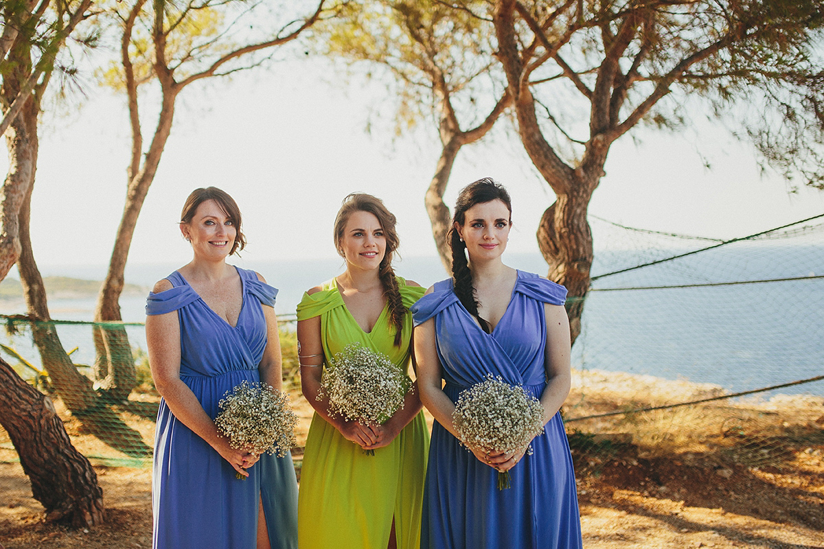 Bride Tamar wears an embellished Eliza Jane Howell gown and crown of gypsophila for her Croatian Island wedding. Photography by Petar Jurica.