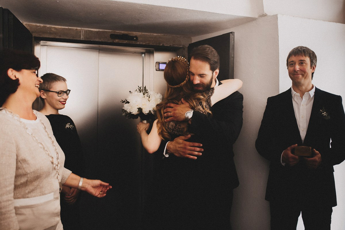 Tjaša wore a black lace and tulle gown by Alexandre Grecco for her nature inspired, minimalist castle wedding in Slovenia. Photography by That Happy Day.