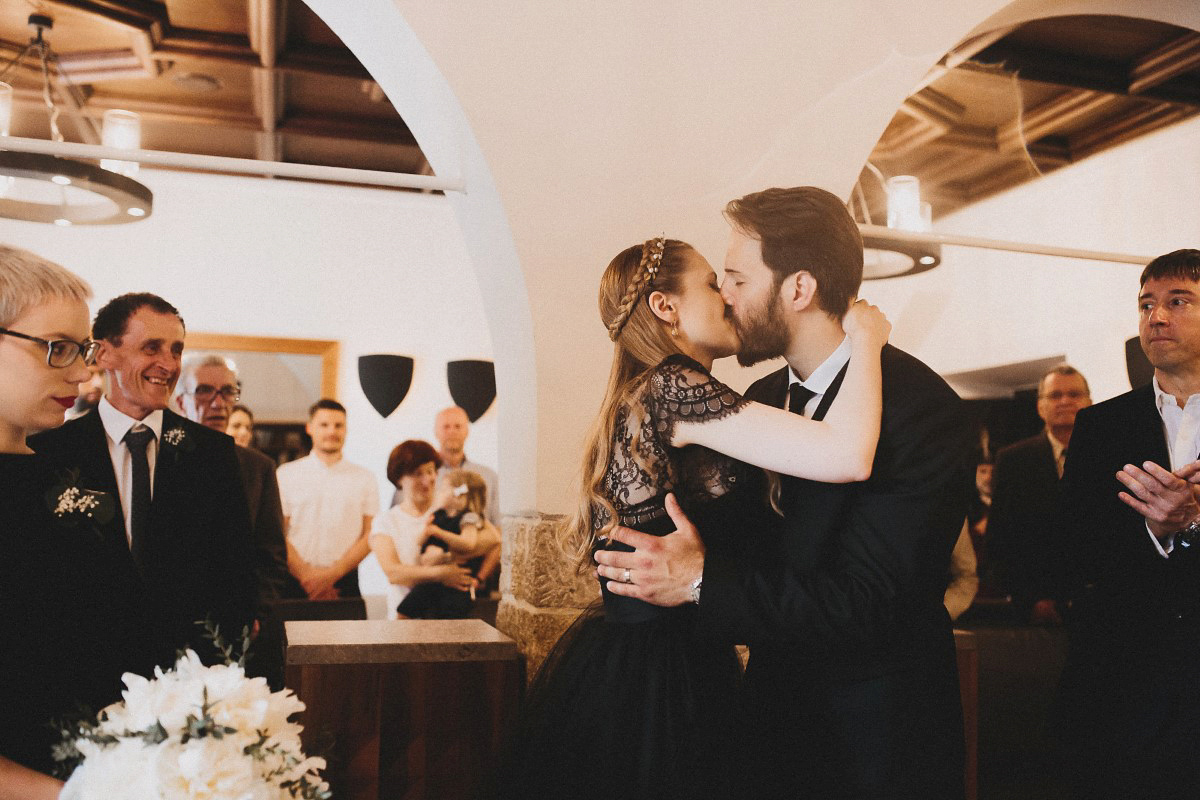 Tjaša wore a black lace and tulle gown by Alexandre Grecco for her nature inspired, minimalist castle wedding in Slovenia. Photography by That Happy Day.