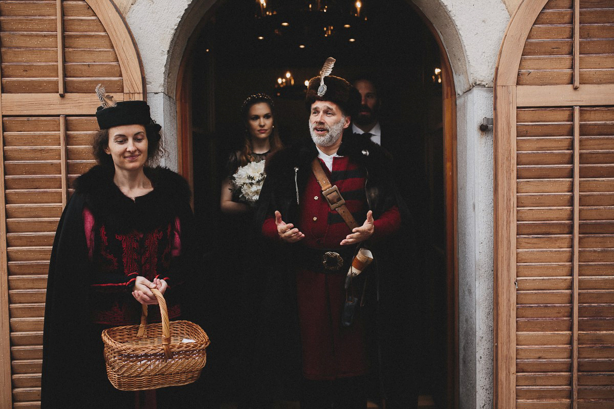 Tjaša wore a black lace and tulle gown by Alexandre Grecco for her nature inspired, minimalist castle wedding in Slovenia. Photography by That Happy Day.