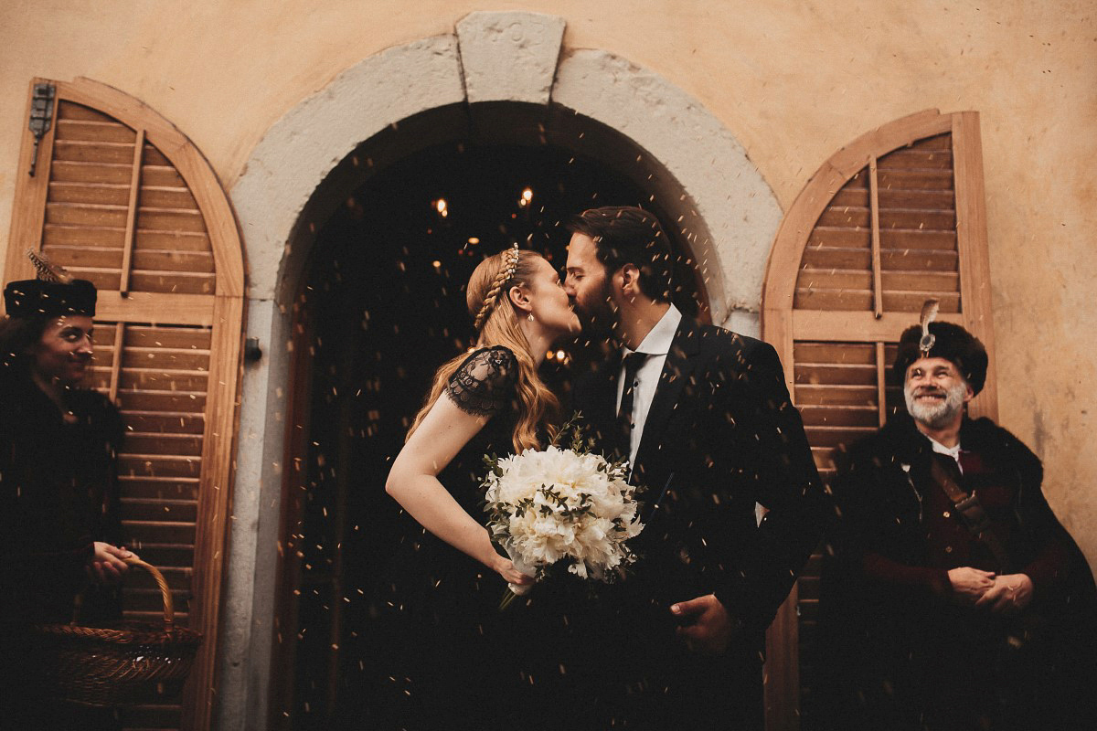 Tjaša wore a black lace and tulle gown by Alexandre Grecco for her nature inspired, minimalist castle wedding in Slovenia. Photography by That Happy Day.