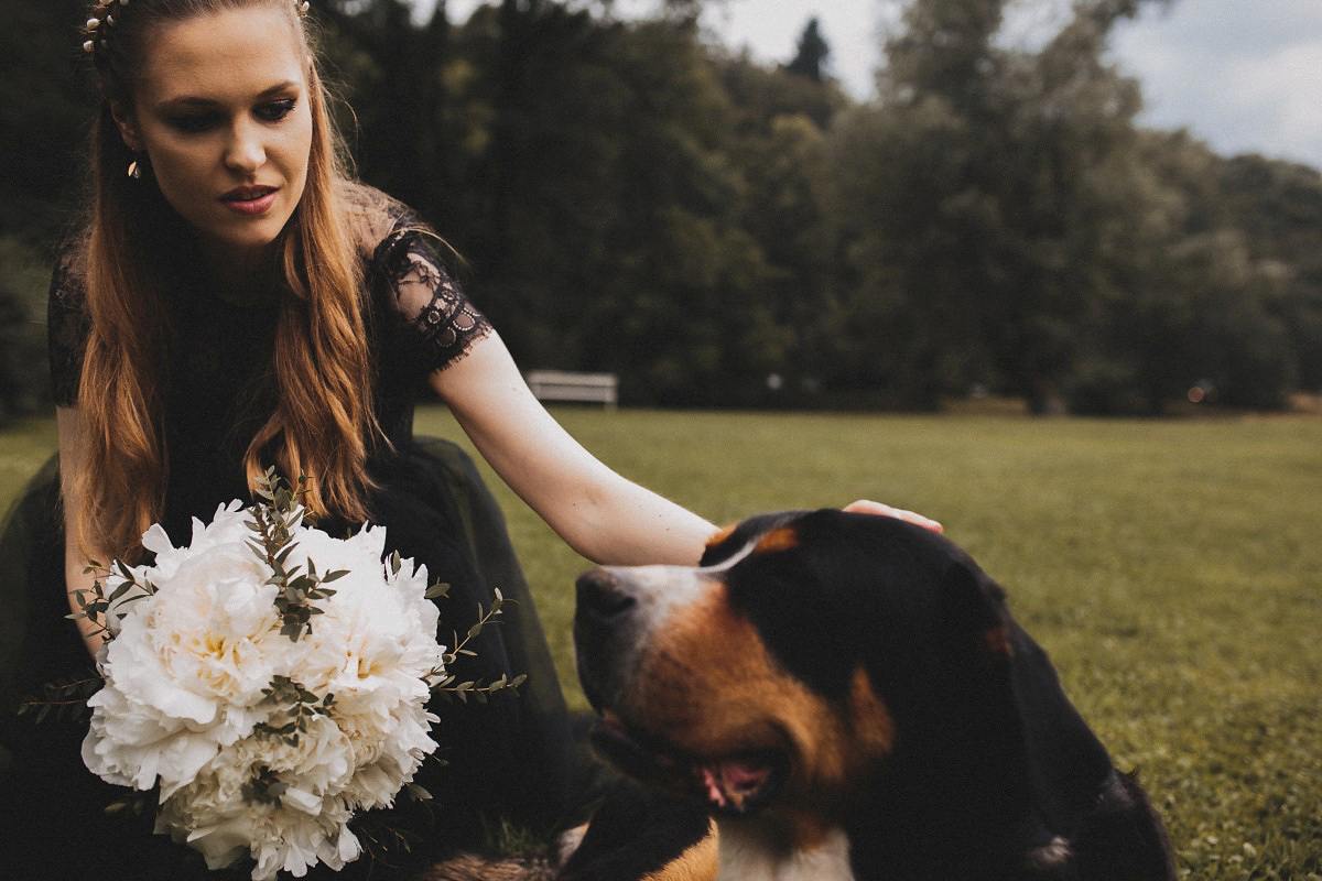 Tjaša wore a black lace and tulle gown by Alexandre Grecco for her nature inspired, minimalist castle wedding in Slovenia. Photography by That Happy Day.