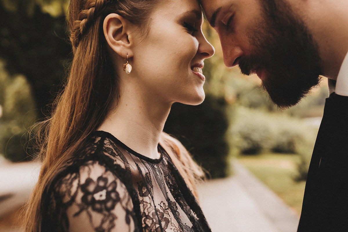 Tjaša wore a black lace and tulle gown by Alexandre Grecco for her nature inspired, minimalist castle wedding in Slovenia. Photography by That Happy Day.