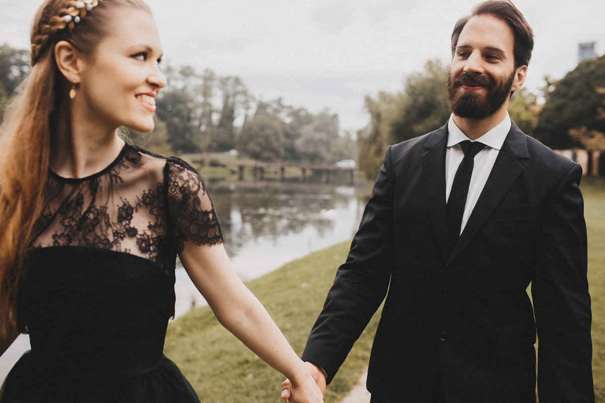 Tjaša wore a black lace and tulle gown by Alexandre Grecco for her nature inspired, minimalist castle wedding in Slovenia. Photography by That Happy Day.