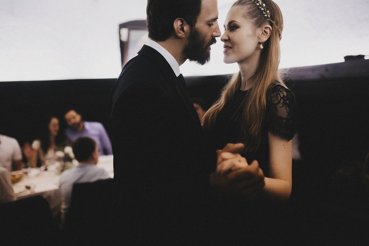 Tjaša wore a black lace and tulle gown by Alexandre Grecco for her nature inspired, minimalist castle wedding in Slovenia. Photography by That Happy Day.