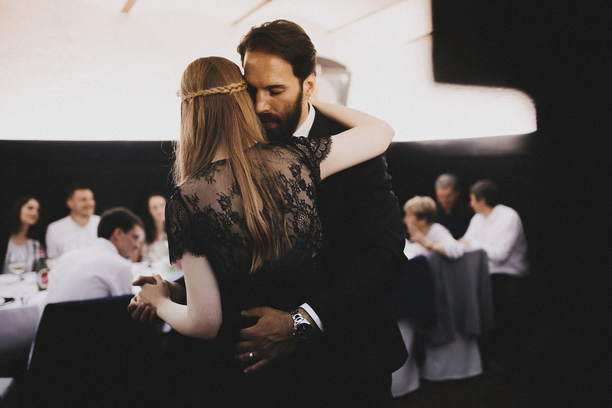 Tjaša wore a black lace and tulle gown by Alexandre Grecco for her nature inspired, minimalist castle wedding in Slovenia. Photography by That Happy Day.