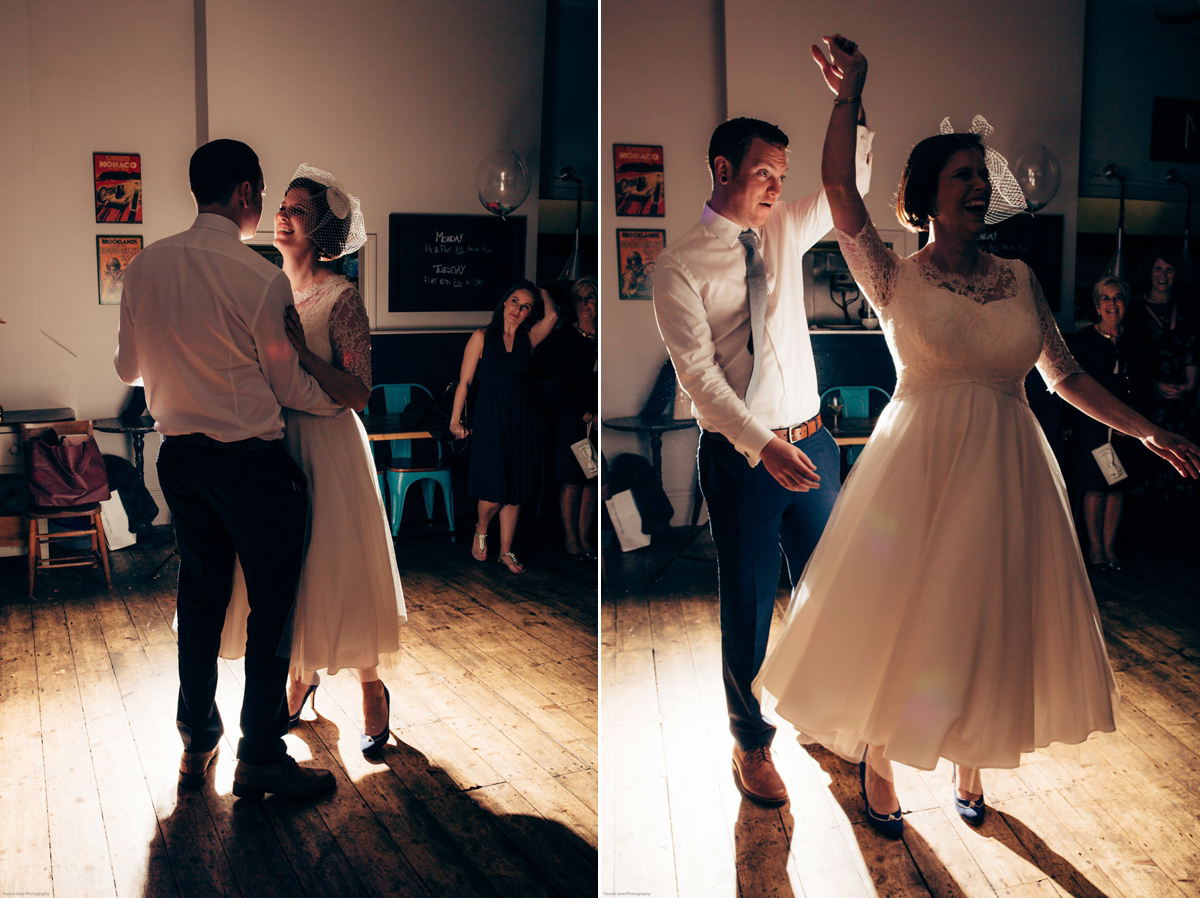 Bride Dany wears a 1950's inspired lace dress and birdcage veil for her modern cool wedding at The Asylum. Their reception was held in a London pub. Photography by Naomi Jane.