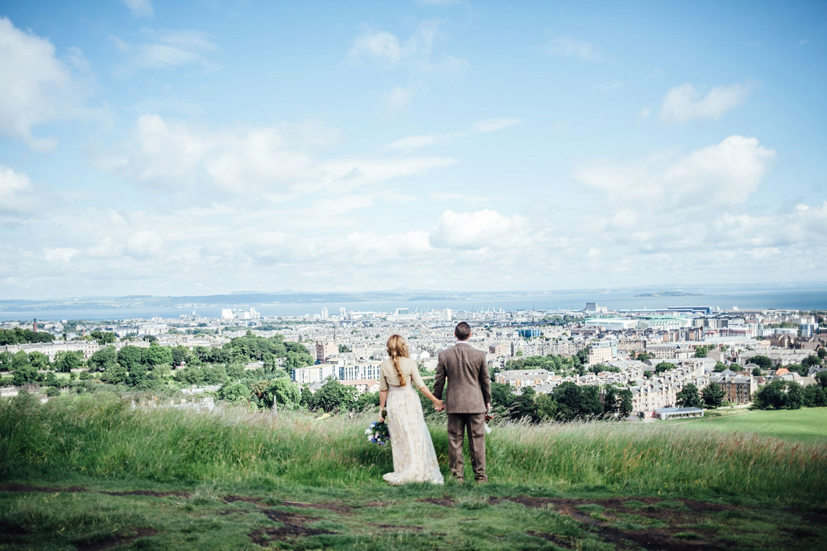 Bride Tatiana wore the Ireland gown by BHLDN for her Scottish elopement. Photography by Carley Buick.