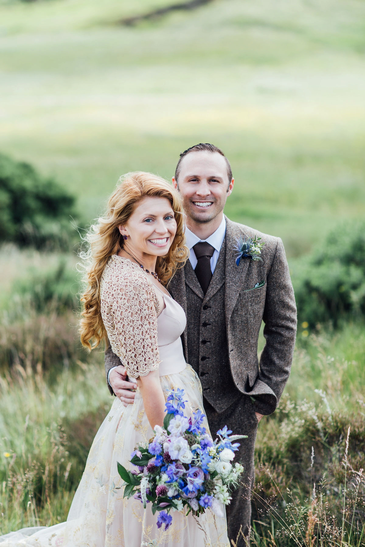 Bride Tatiana wore the Ireland gown by BHLDN for her Scottish elopement. Photography by Carley Buick.