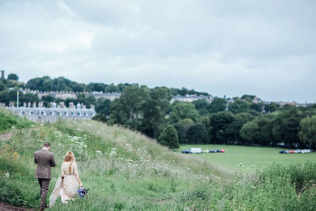 Bride Tatiana wore the Ireland gown by BHLDN for her Scottish elopement. Photography by Carley Buick.