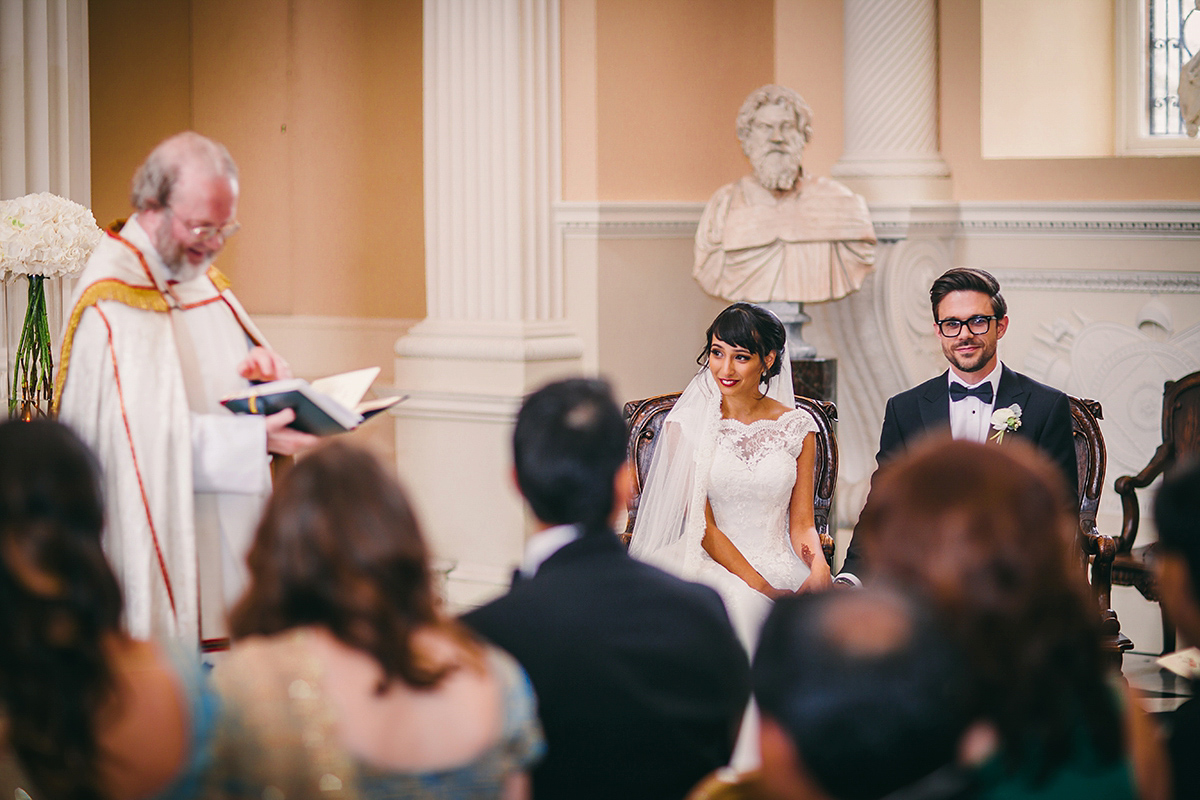 Sabrina and Nick had a multicultural wedding including an Anglican and Hindu ceremony at Syon Park in London. Sabrina wore Pronovias. Photography by Viva La weddings.