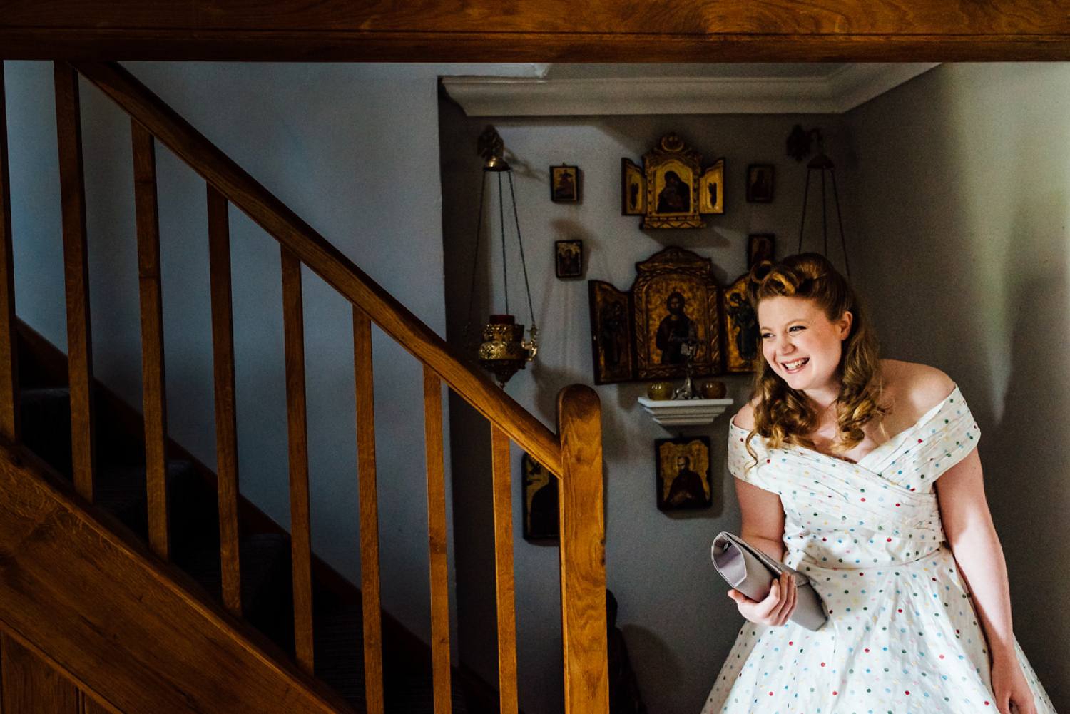 Bride Frankie wore a 1950's inspired, colourful polka dot dress by 'Oh My Honey' for her geek-chic and reto inspired wedding. Photography by Anna Pumer.