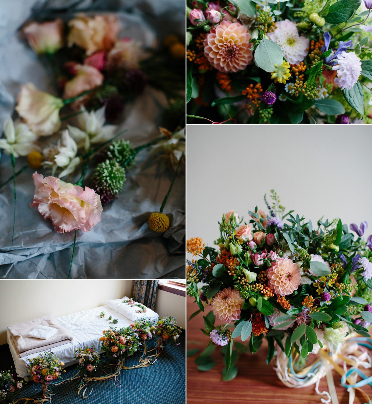 Bride Emma-Jane wore a pale pink skirt and lace top for her Scottish chapel wedding. Her maids wore pale blue and floral crowns. Photography by Caro Weiss.