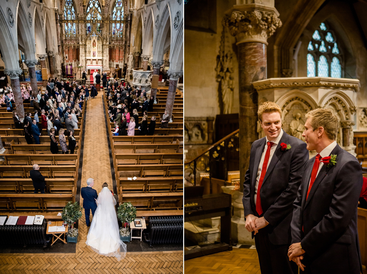 Katy wore a gold embroidered gown by Ronald Joyce for her glamorous winter wedding at Bath Assembly Rooms. Her bridesmaids wore navy blue. Photography by Lydia Stamps.