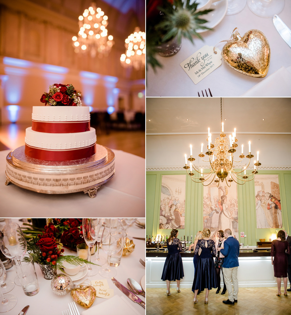 Katy wore a gold embroidered gown by Ronald Joyce for her glamorous winter wedding at Bath Assembly Rooms. Her bridesmaids wore navy blue. Photography by Lydia Stamps.