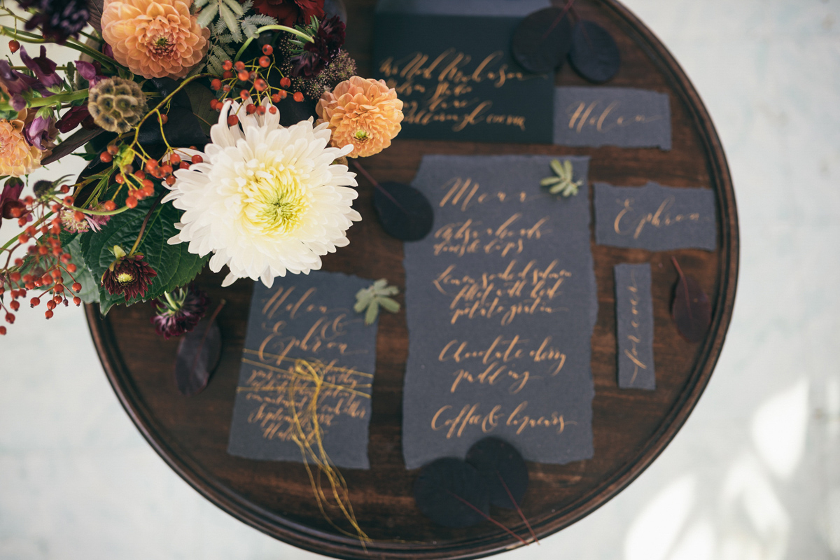 A nature and autumn inspired editorial for the free spirited and creative bride. Calligraphy by Moon & Tide. Captured by Bickerstaff Photograpy.