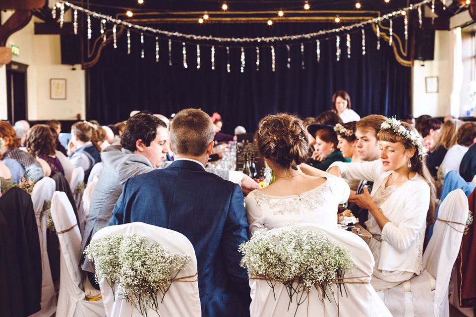 Hannah wore a Regency period inspired dress she made herself for her homemade village hall wedding. Photography by Ash James.