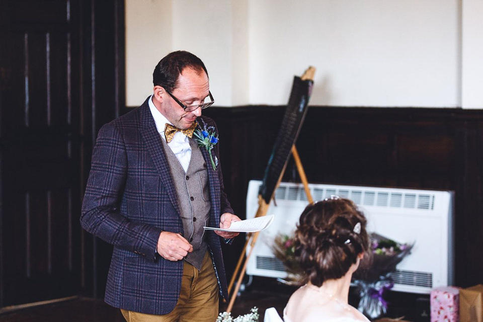 Hannah wore a Regency period inspired dress she made herself for her homemade village hall wedding. Photography by Ash James.