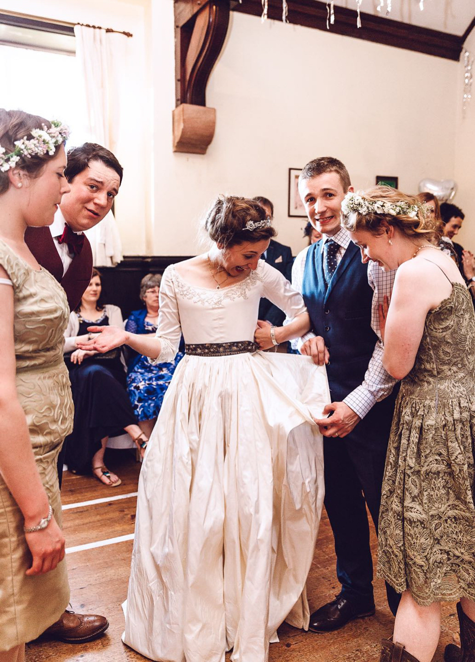 Hannah wore a Regency period inspired dress she made herself for her homemade village hall wedding. Photography by Ash James.