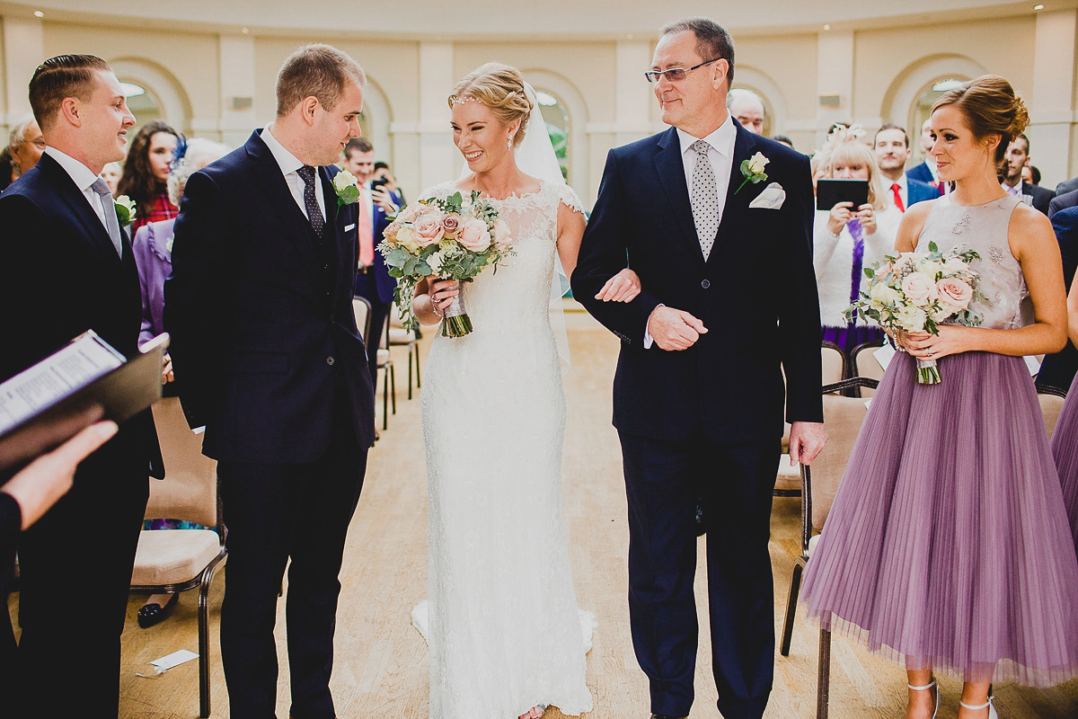 Charlie wore an Annsul Y gown and Rosie Willett headpiece for her Elegant Autumn wedding at the Orangery in Kent. Photography by Jonny MP.