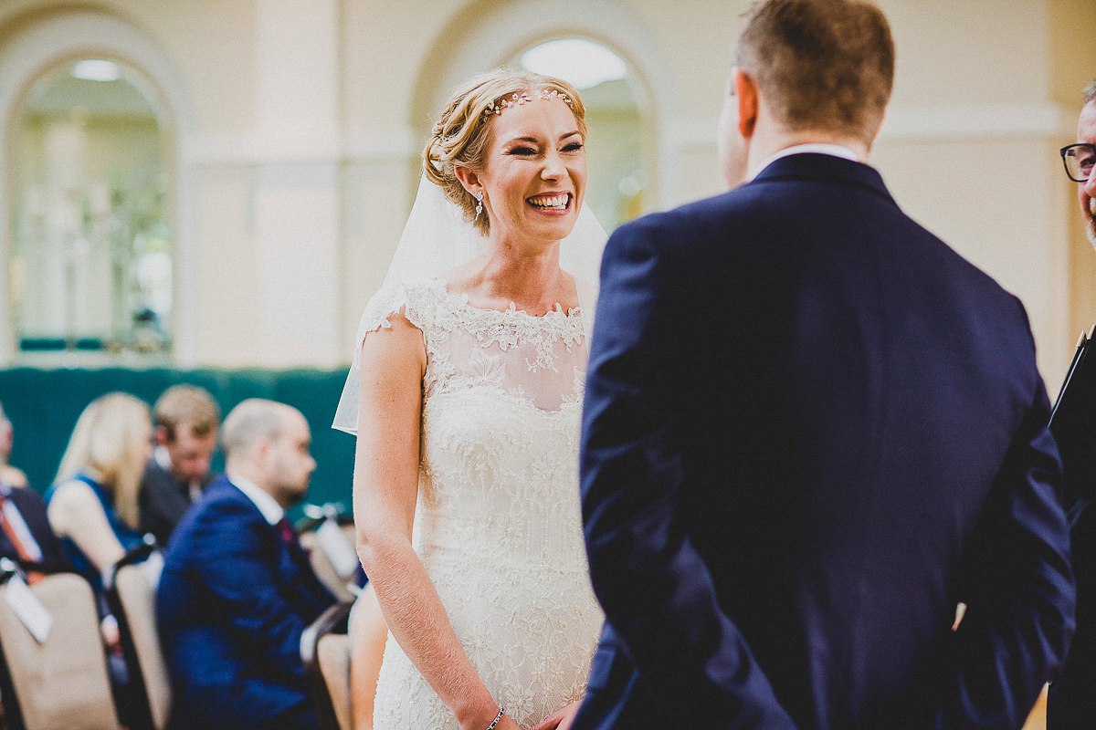 Charlie wore an Annsul Y gown and Rosie Willett headpiece for her Elegant Autumn wedding at the Orangery in Kent. Photography by Jonny MP.