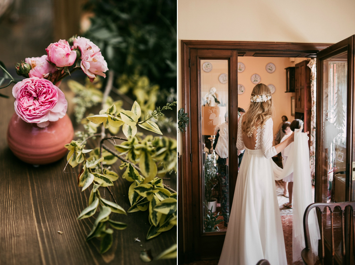 Bride Margarita wore a backless dress for her rustic woodland wedding in Spain. Photography by Sarah Lobla.