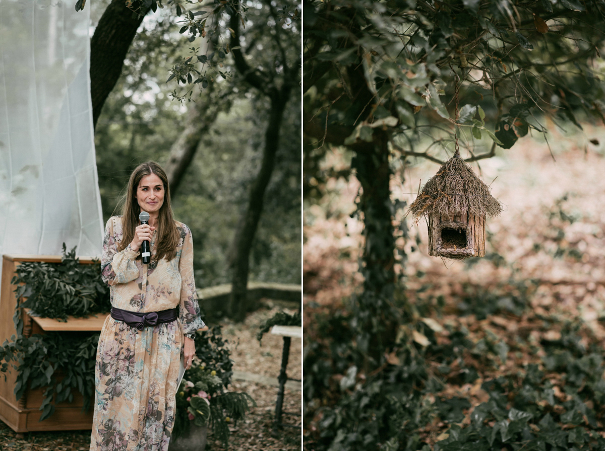 Bride Margarita wore a backless dress for her rustic woodland wedding in Spain. Photography by Sarah Lobla.