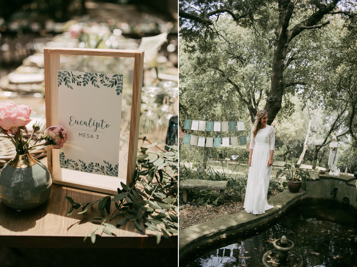 Bride Margarita wore a backless dress for her rustic woodland wedding in Spain. Photography by Sarah Lobla.