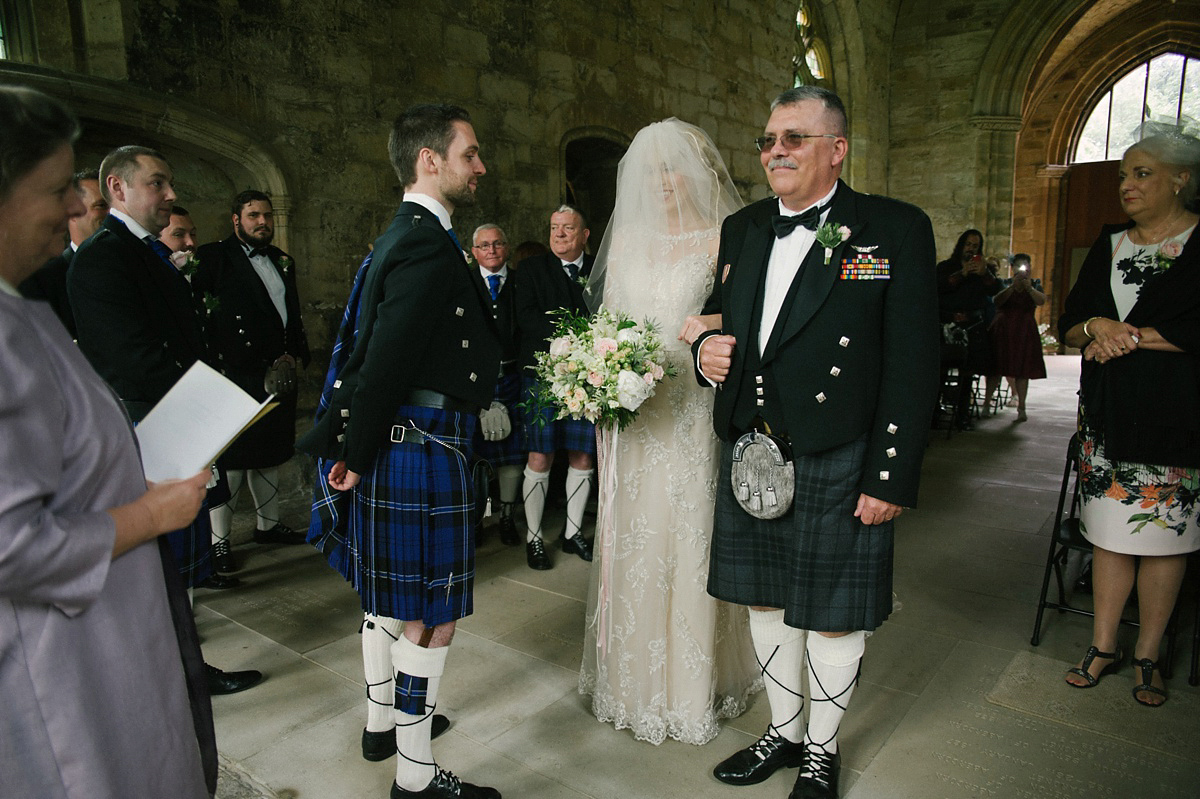 Megan wore Maggie Sottero for her American-English and travel inspired wedding in Scotland. Images captued by ChicPhoto.