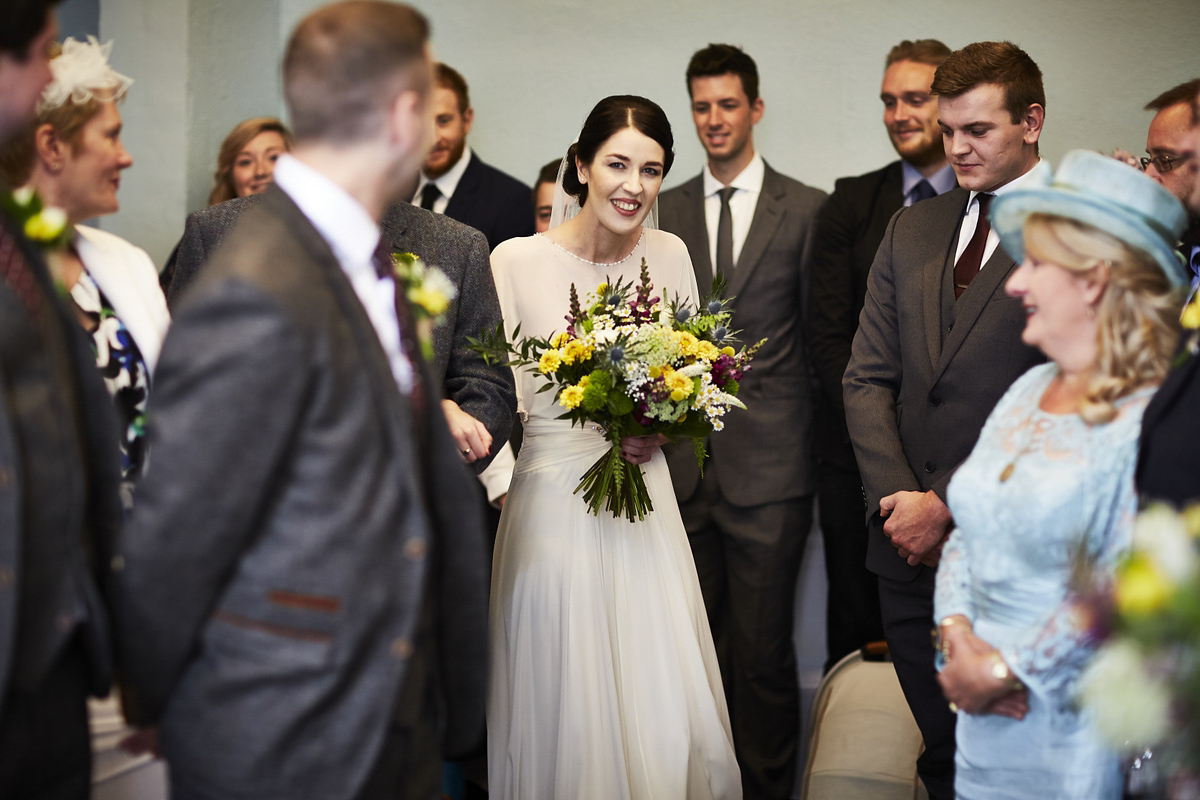 Sarah wore 'Betty' by Jenny Packham for her Yorkshire Dales and English woodland inspired Autumn wedding in York. Photography by David Lindsay.