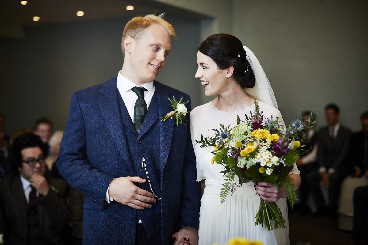 Sarah wore 'Betty' by Jenny Packham for her Yorkshire Dales and English woodland inspired Autumn wedding in York. Photography by David Lindsay.