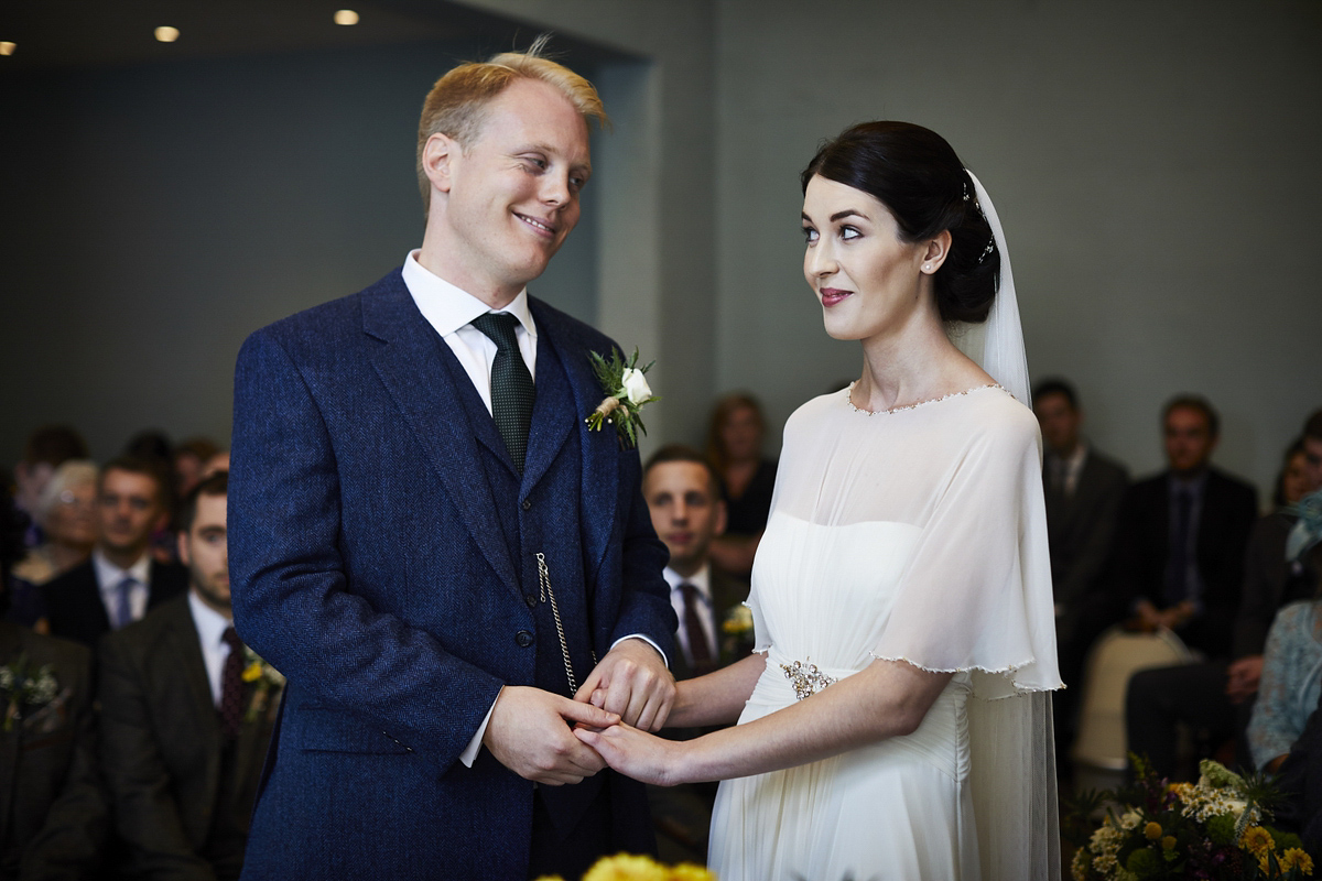 Sarah wore 'Betty' by Jenny Packham for her Yorkshire Dales and English woodland inspired Autumn wedding in York. Photography by David Lindsay.