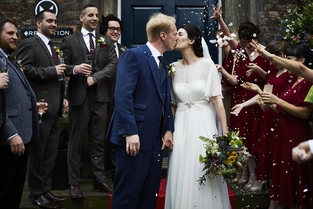 Sarah wore 'Betty' by Jenny Packham for her Yorkshire Dales and English woodland inspired Autumn wedding in York. Photography by David Lindsay.