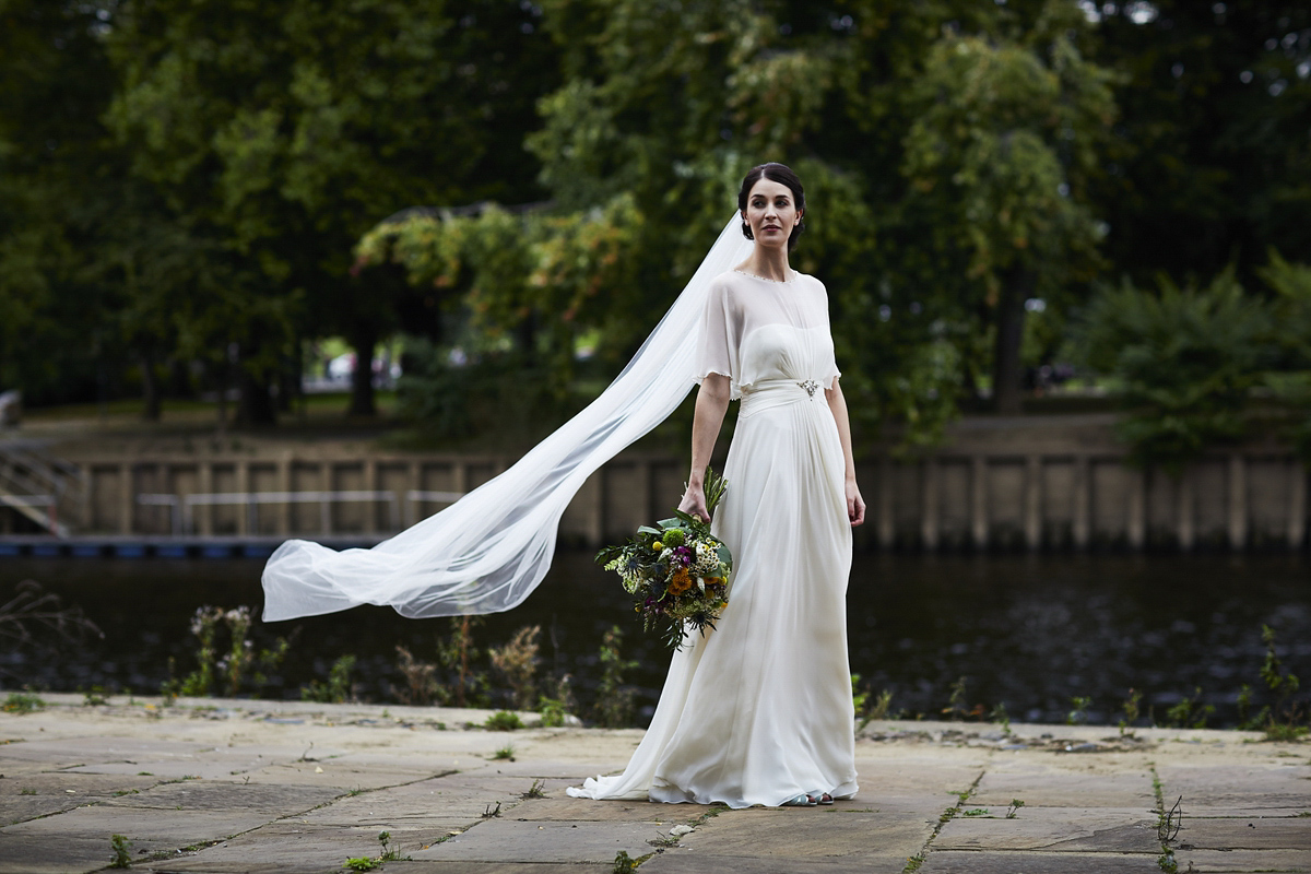 Sarah wore 'Betty' by Jenny Packham for her Yorkshire Dales and English woodland inspired Autumn wedding in York. Photography by David Lindsay.