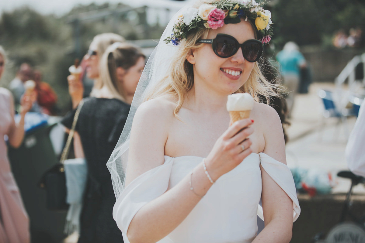 Anya wore a Sabina Motasem gown and floral crown for her vintage seaside inspired wedding. Photography by Eliza Claire.