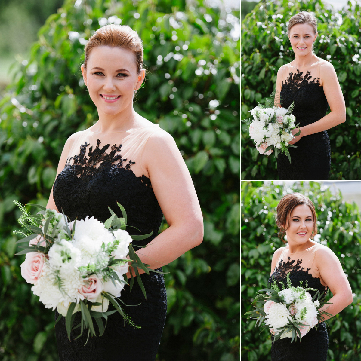 The bride wore a Peter Langner gown and the bridesmaids wore black Pronovias cocktail dresses. Photography by Saray Fyffe.