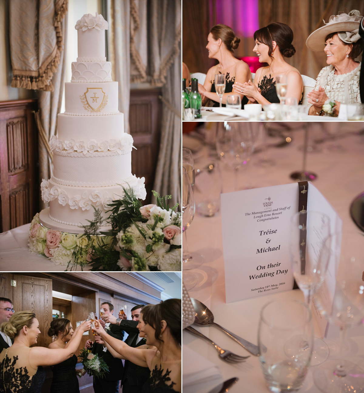 The bride wore a Peter Langner gown and the bridesmaids wore black Pronovias cocktail dresses. Photography by Saray Fyffe.