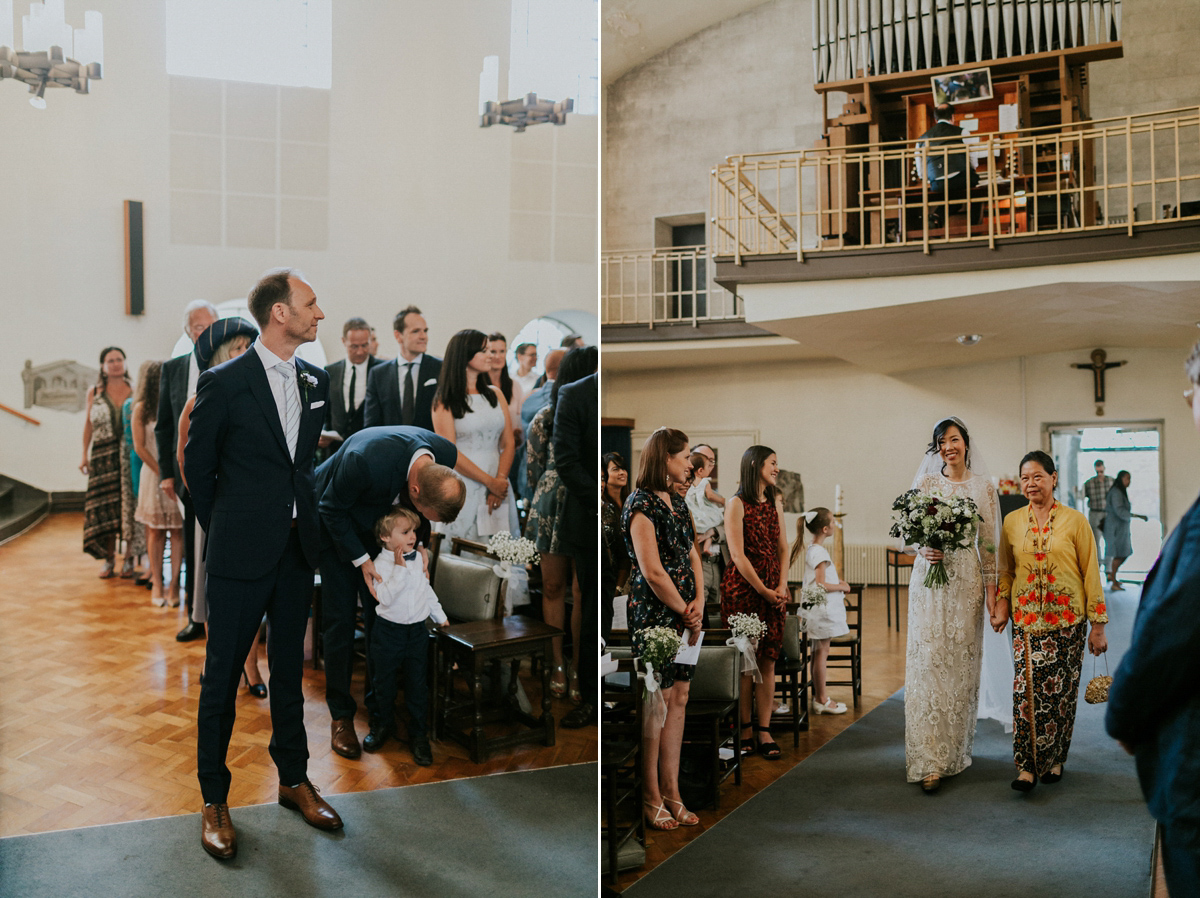 Bride Su wore a Needle & Thread wedding dress for her modern and elegant London wedding. She and her husband Nik met through online dating agency, Guardian Soulmates.