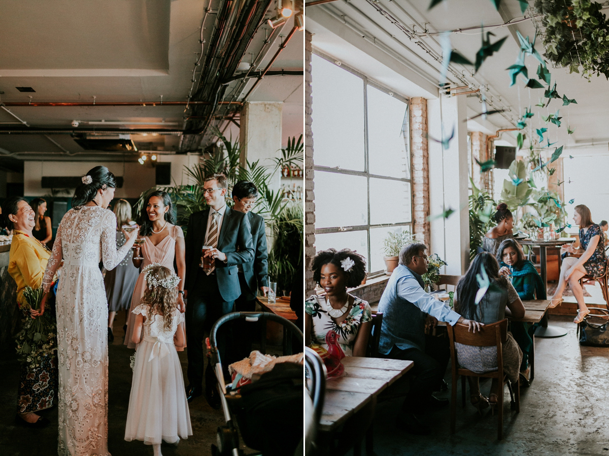 Bride Su wore a Needle & Thread wedding dress for her modern and elegant London wedding. She and her husband Nik met through online dating agency, Guardian Soulmates.