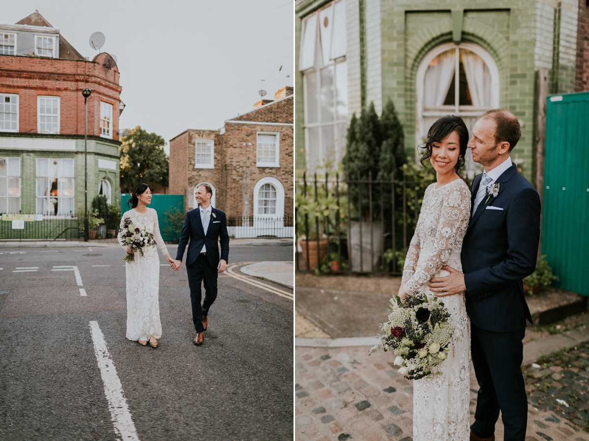 Bride Su wore a Needle & Thread wedding dress for her modern and elegant London wedding. She and her husband Nik met through online dating agency, Guardian Soulmates.