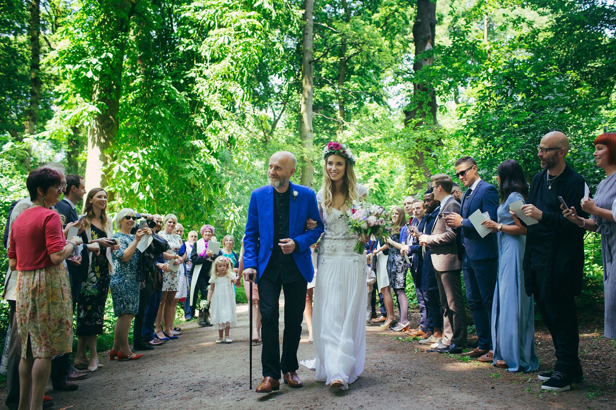 Imogen wore a Temperley gown for her Allotment club wedding in the woods. Photography by Greg Milner.