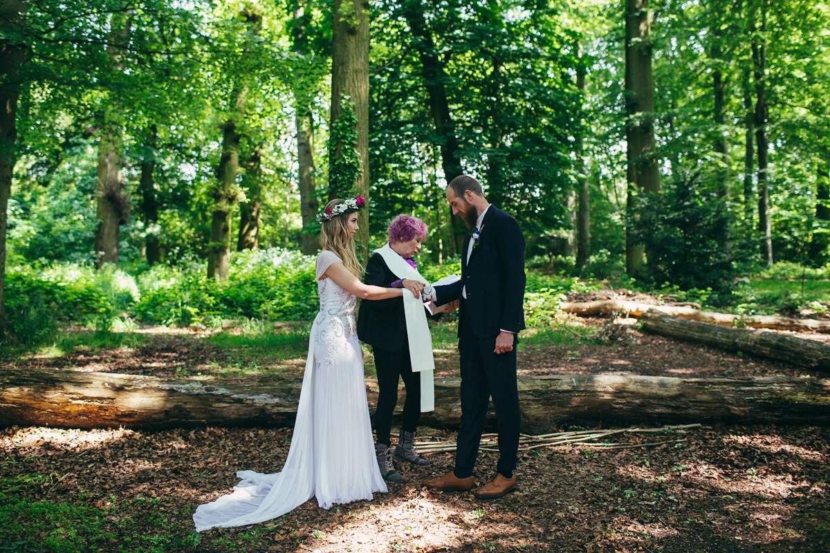 Imogen wore a Temperley gown for her Allotment club wedding in the woods. Photography by Greg Milner.