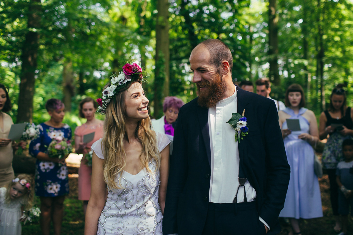 Imogen wore a Temperley gown for her Allotment club wedding in the woods. Photography by Greg Milner.