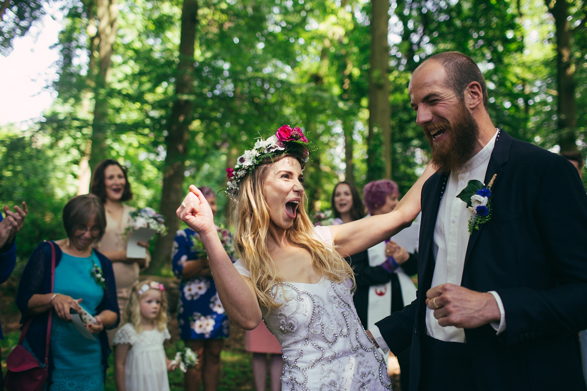 Imogen wore a Temperley gown for her Allotment club wedding in the woods. Photography by Greg Milner.