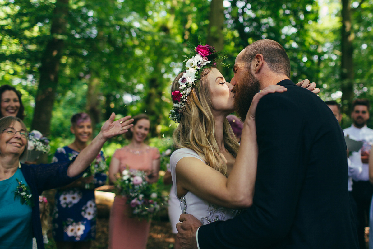 Imogen wore a Temperley gown for her Allotment club wedding in the woods. Photography by Greg Milner.