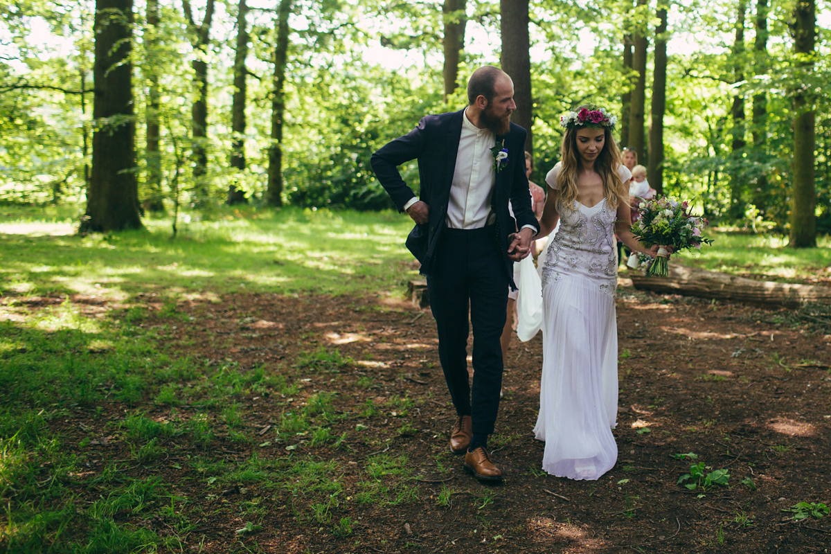 Imogen wore a Temperley gown for her Allotment club wedding in the woods. Photography by Greg Milner.