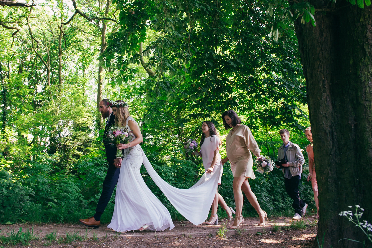 Imogen wore a Temperley gown for her Allotment club wedding in the woods. Photography by Greg Milner.