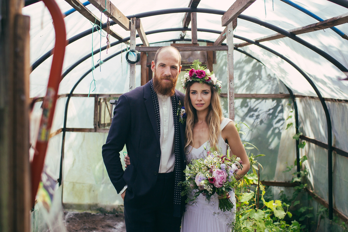 Imogen wore a Temperley gown for her Allotment club wedding in the woods. Photography by Greg Milner.