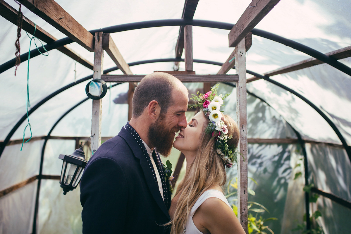 Imogen wore a Temperley gown for her Allotment club wedding in the woods. Photography by Greg Milner.