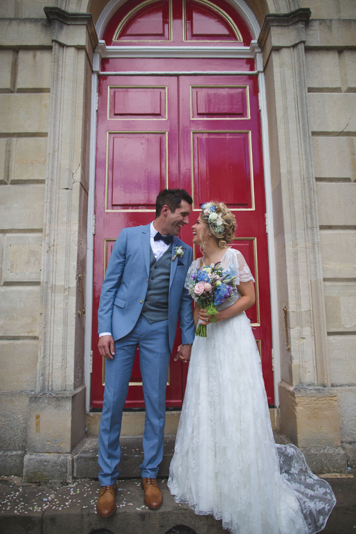 Rebecca wore a Charlie Brear gown from the Cicily Bridal boutique for her vintage tea party, village hall wedding. Captured by Ragdoll Photography.